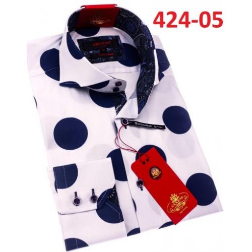 Axxess White / Blue Polka Dot Cotton Modern Fit Dress Shirt With Button Cuff 424-05